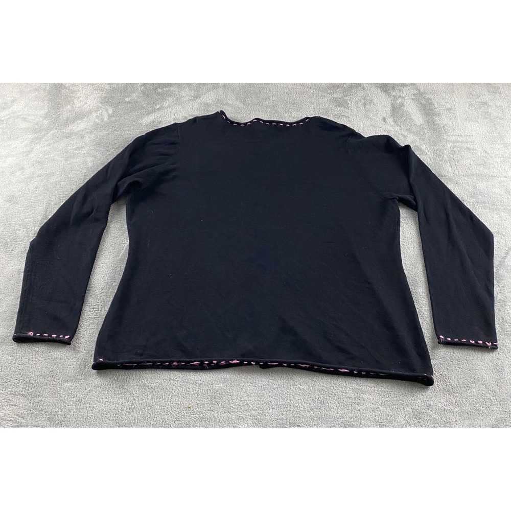 NY Collection Woman Black Floral Applique Cardigan Sweater‎ Pink Stitching 1X - Picture 10 of 10